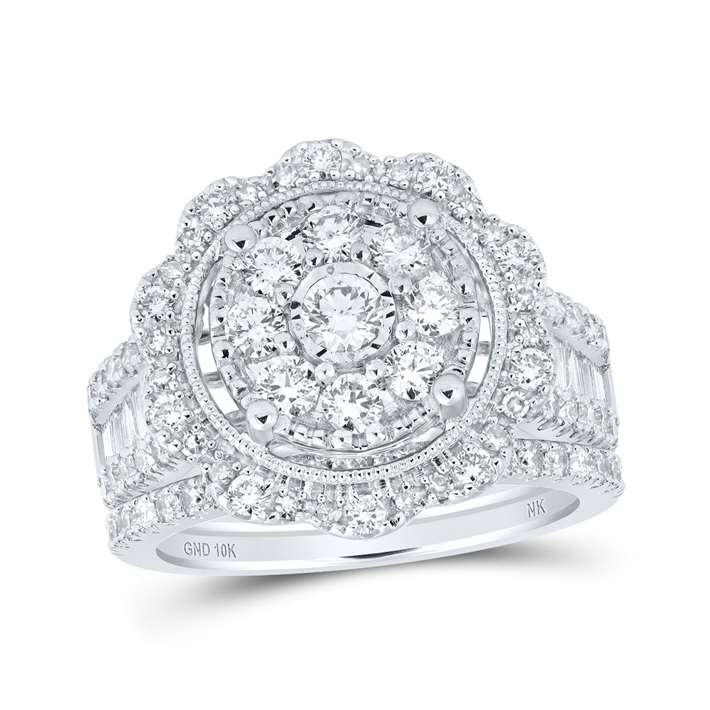10kt White Gold Round Diamond Cluster Bridal Wedding Ring Band Set 2 Cttw