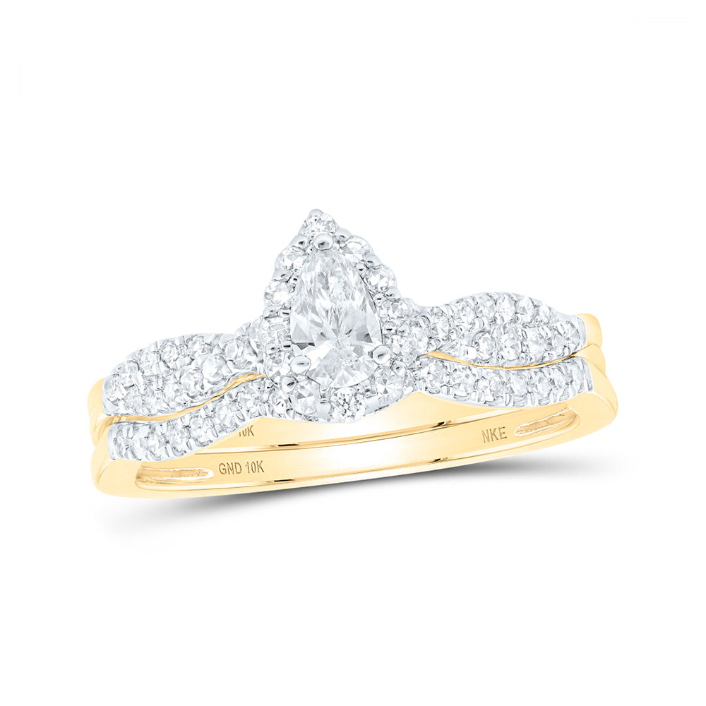 10kt Yellow Gold Pear Diamond Halo Bridal Wedding Ring Band Set 1/2 Cttw