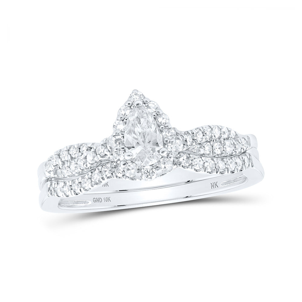 10kt White Gold Pear Diamond Halo Bridal Wedding Ring Band Set 1/2 Cttw