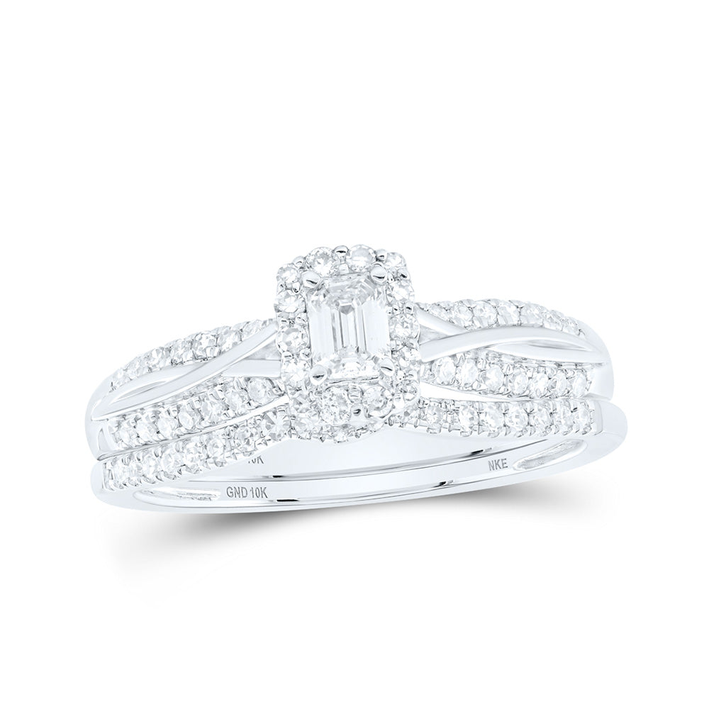 10kt White Gold Emerald Diamond Halo Bridal Wedding Ring Band Set 1/2 Cttw