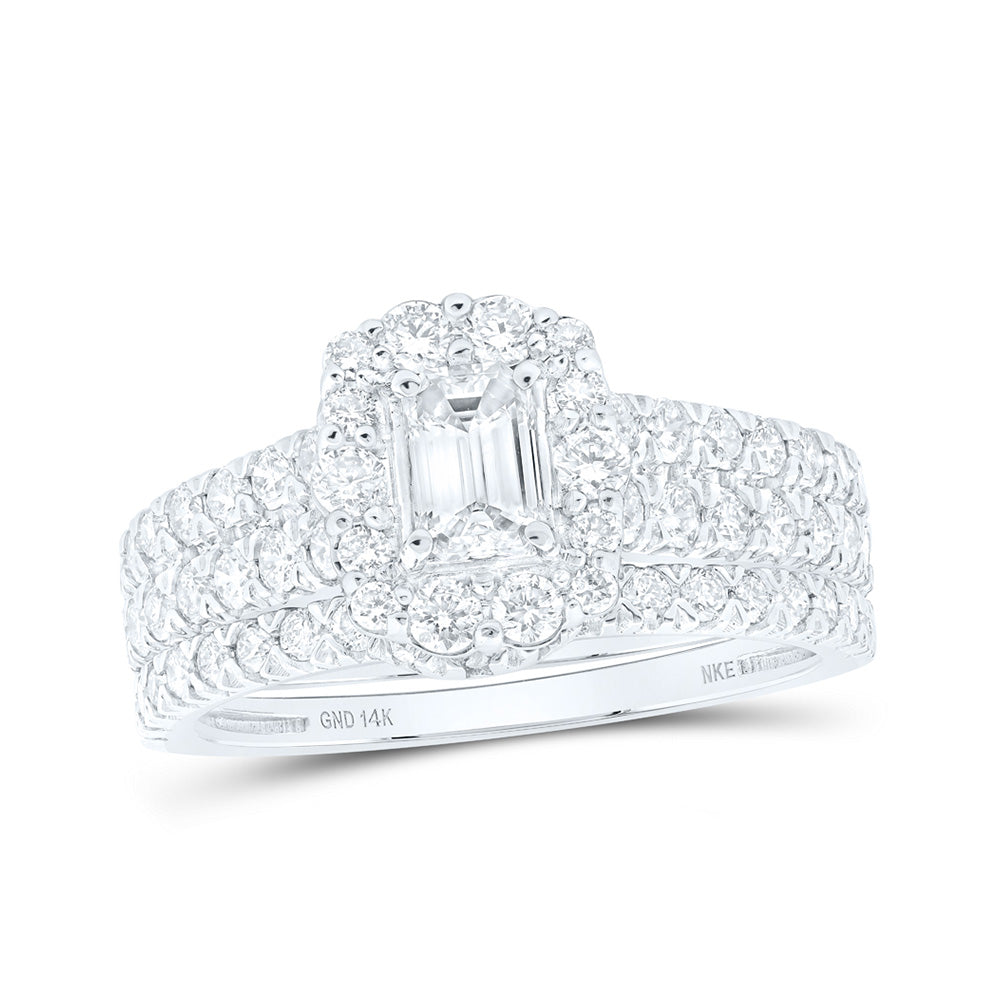 14kt White Gold Emerald Diamond Bridal Wedding Ring Band Set 1-1/2 Cttw