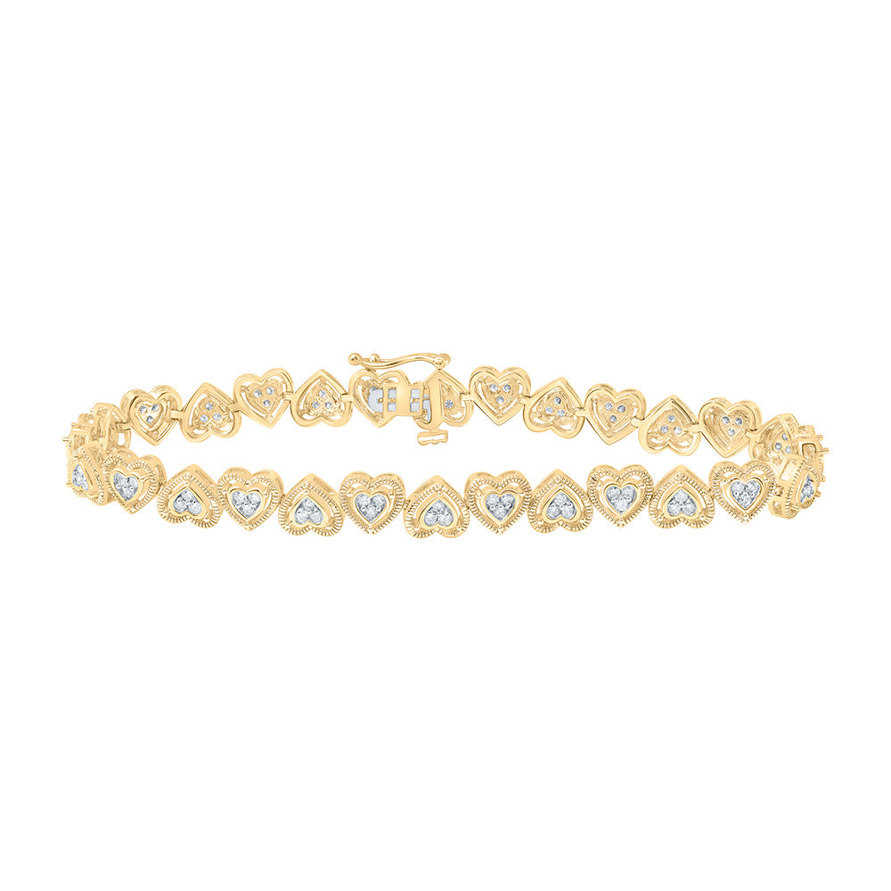 10kt Yellow Gold Womens Round Diamond Heart Fashion Bracelet 1 Cttw