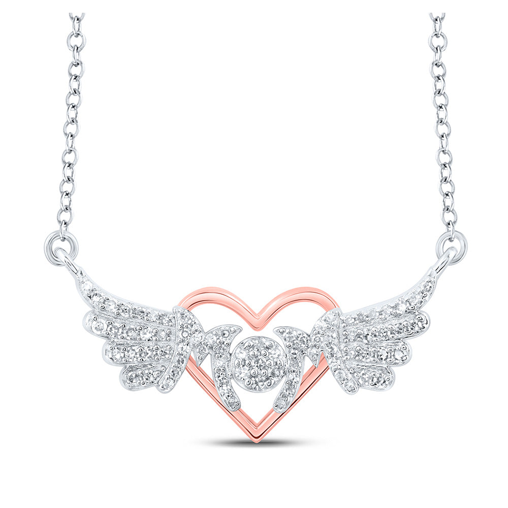 Sterling Silver 18-inch Heart Wing Mom Necklace 1/5 Cttw Round Natural Diamond Womens
