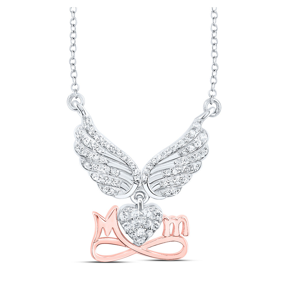 Sterling Silver 18-inch Heart Wing Mom Necklace 1/4 Cttw Round Natural Diamond Womens