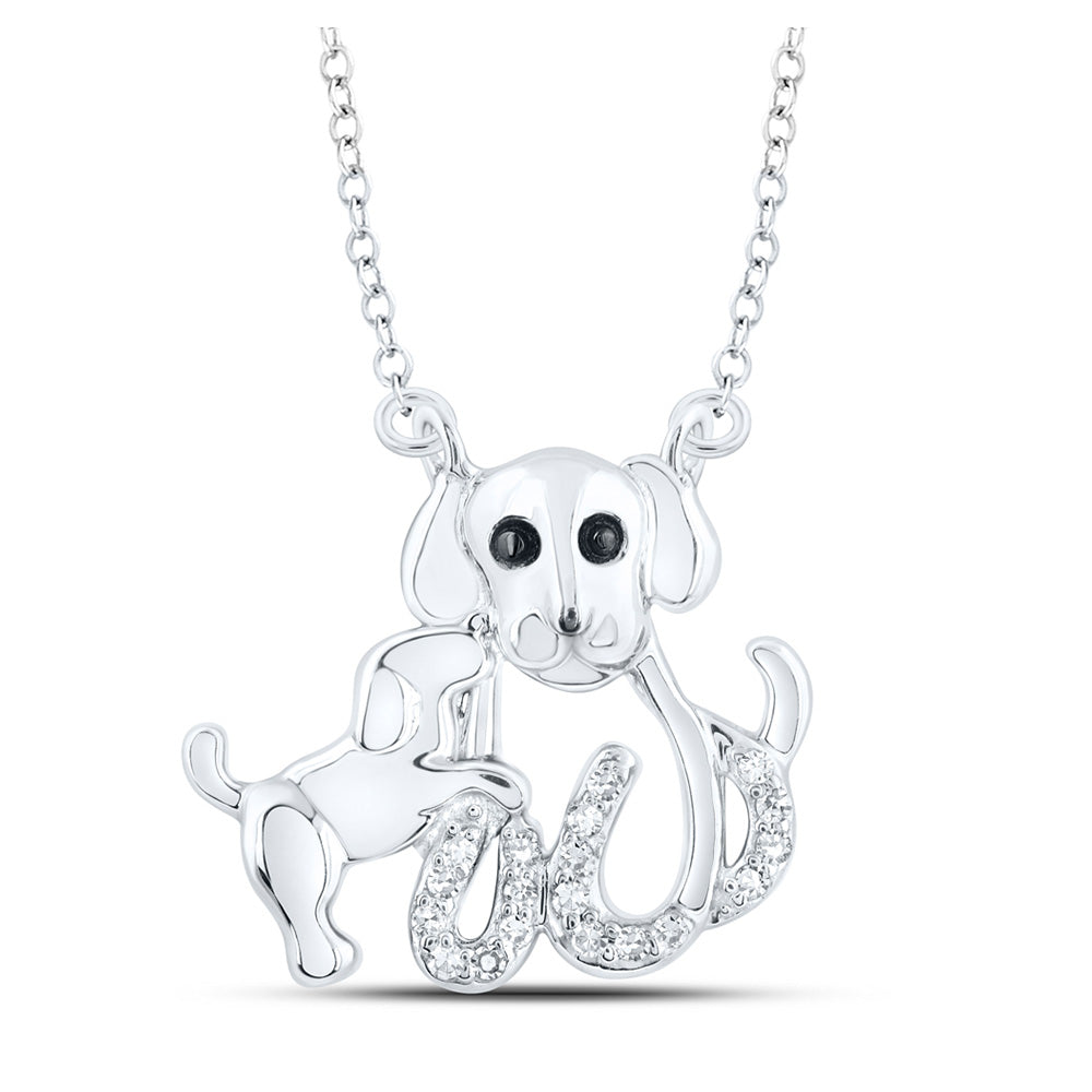 Sterling Silver Dog Pup Fashion Necklace 1/12 Cttw Round Natural Diamond Womens