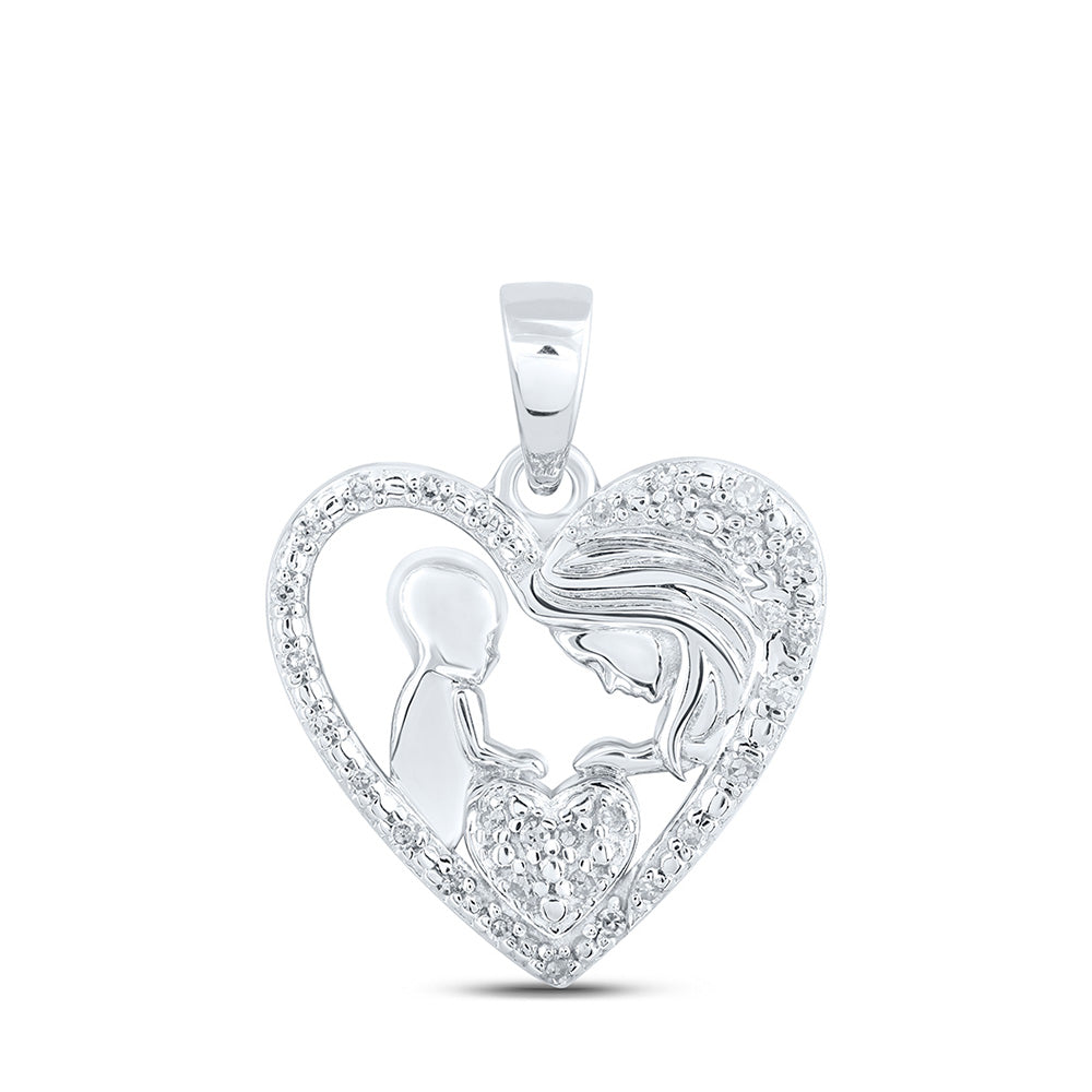 Sterling Silver Mother Child Heart Pendant 1/12 Cttw Round Natural Diamond Womens (1.36 grams)