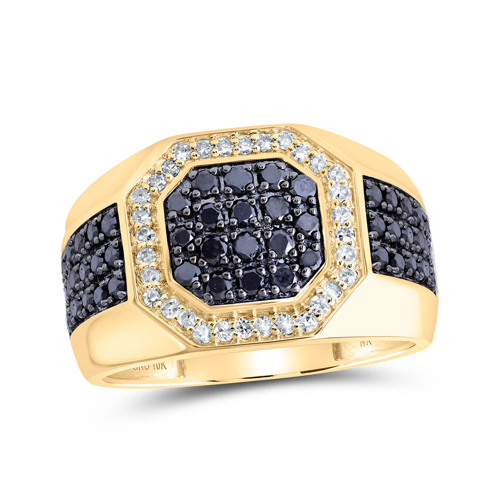 10kt Yellow Gold Mens Round Black Color Treated Diamond Octagon Ring 1-1/5 Cttw