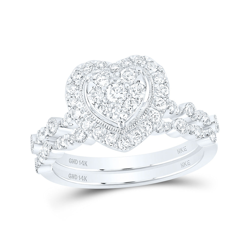 14kt White Gold Round Diamond Heart Bridal Wedding Ring Band Set 5/8 Cttw