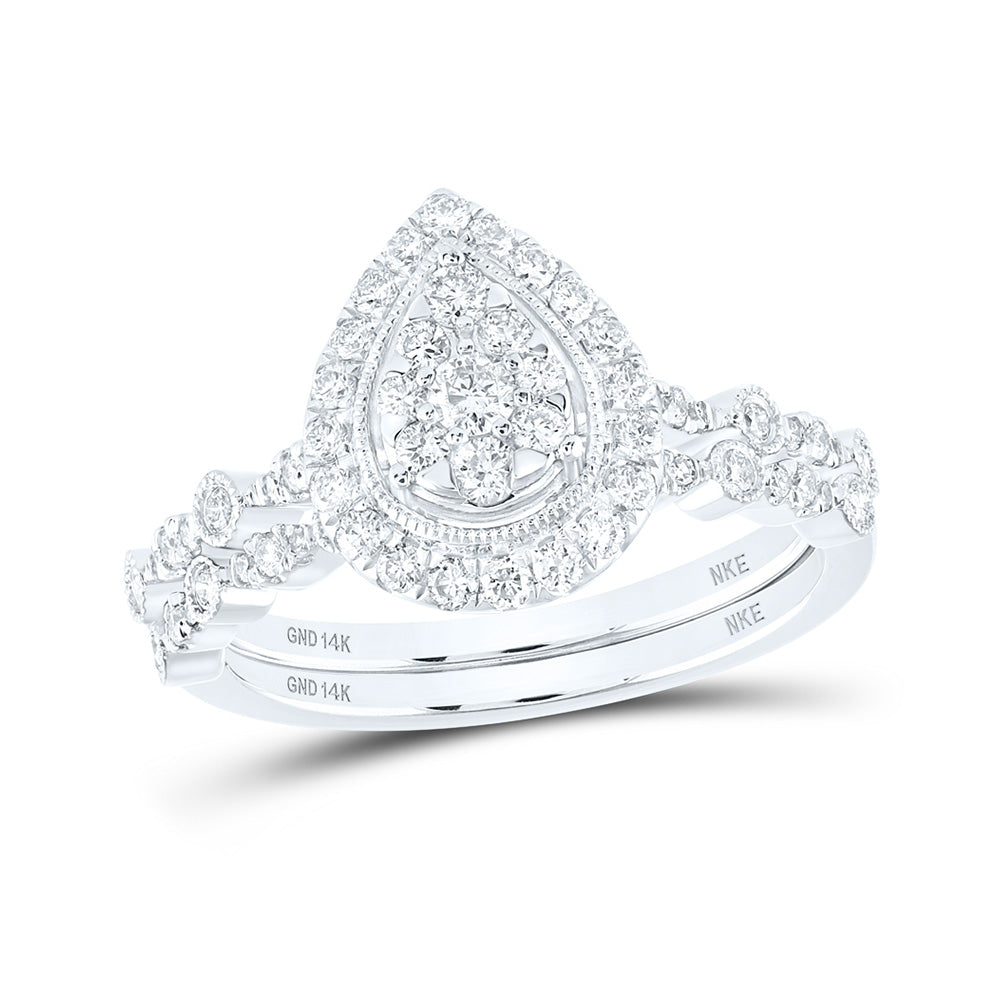 14kt White Gold Round Diamond Teardrop Bridal Wedding Ring Band Set 5/8 Cttw