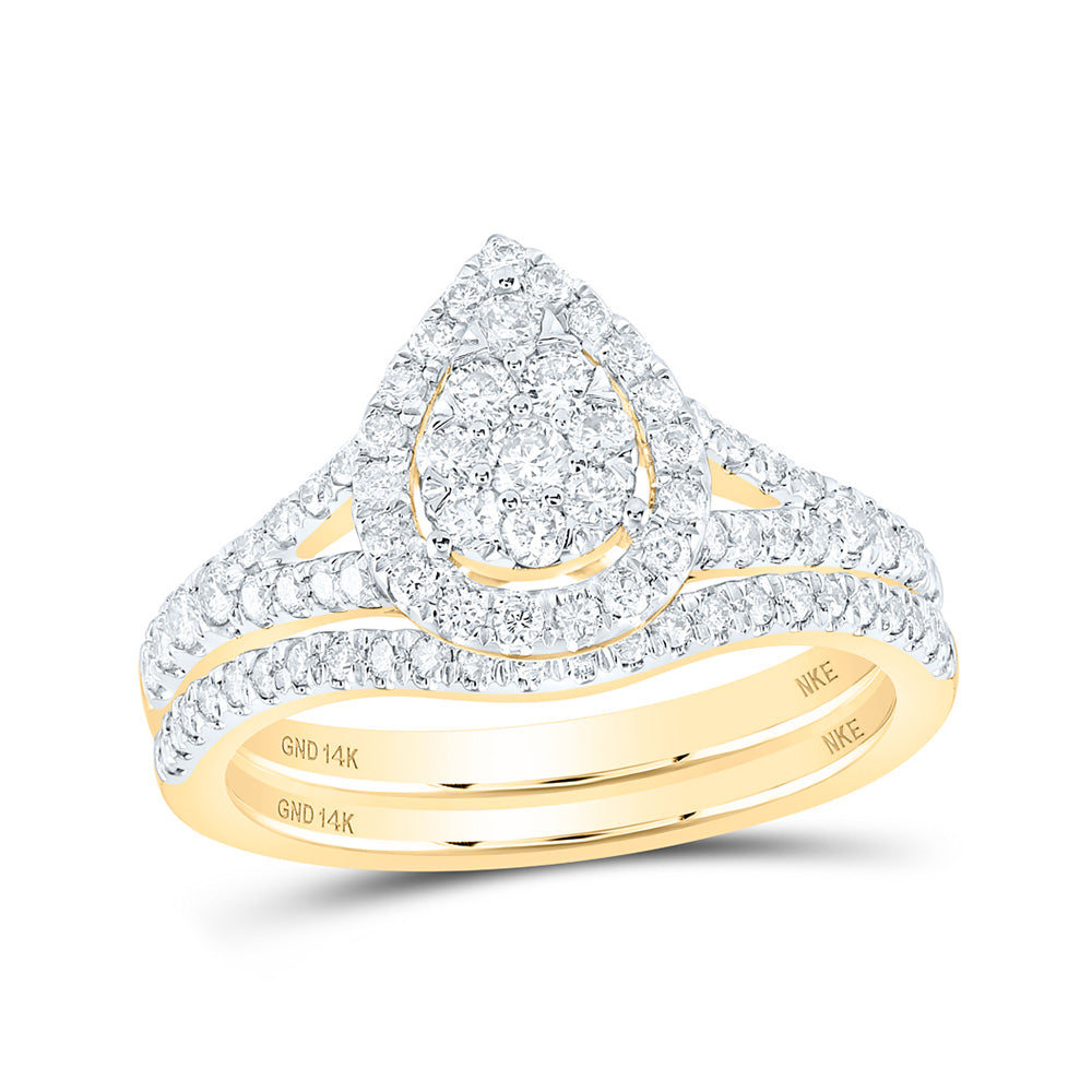 14kt Yellow Gold Round Diamond Teardrop Bridal Wedding Ring Band Set 3/4 Cttw