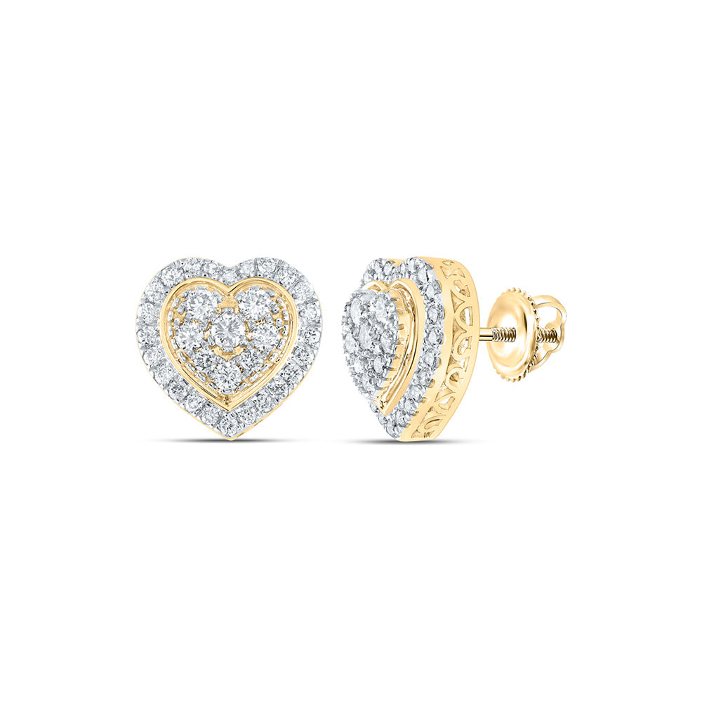 14kt Yellow Gold Womens Round Diamond Heart Earrings 1-1/4 Cttw