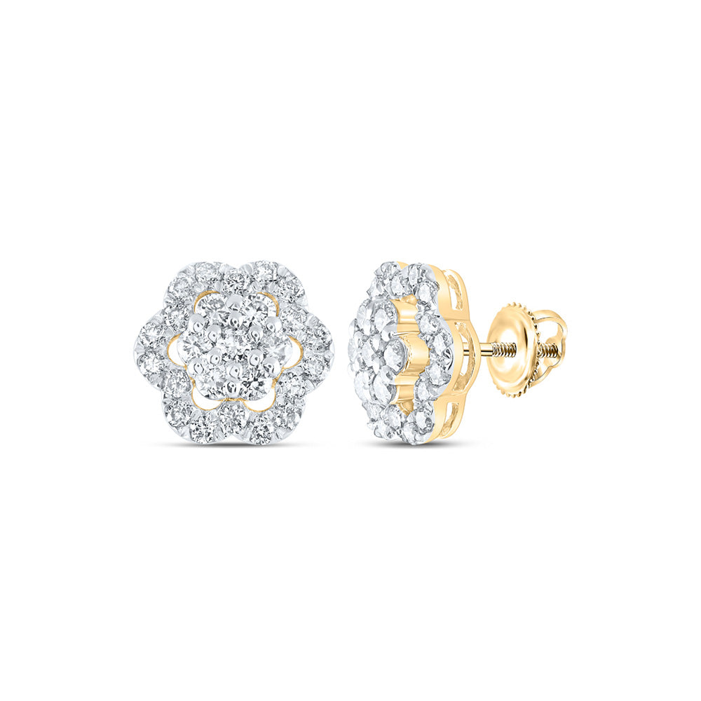 14kt Yellow Gold Womens Round Diamond Flower Cluster Earrings 1 Cttw