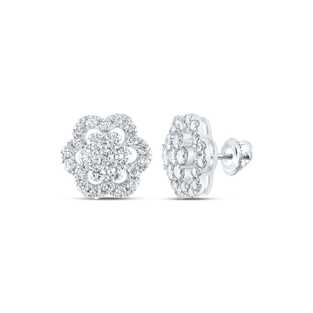 10kt White Gold Womens Round Diamond Flower Cluster Earrings 2 Cttw