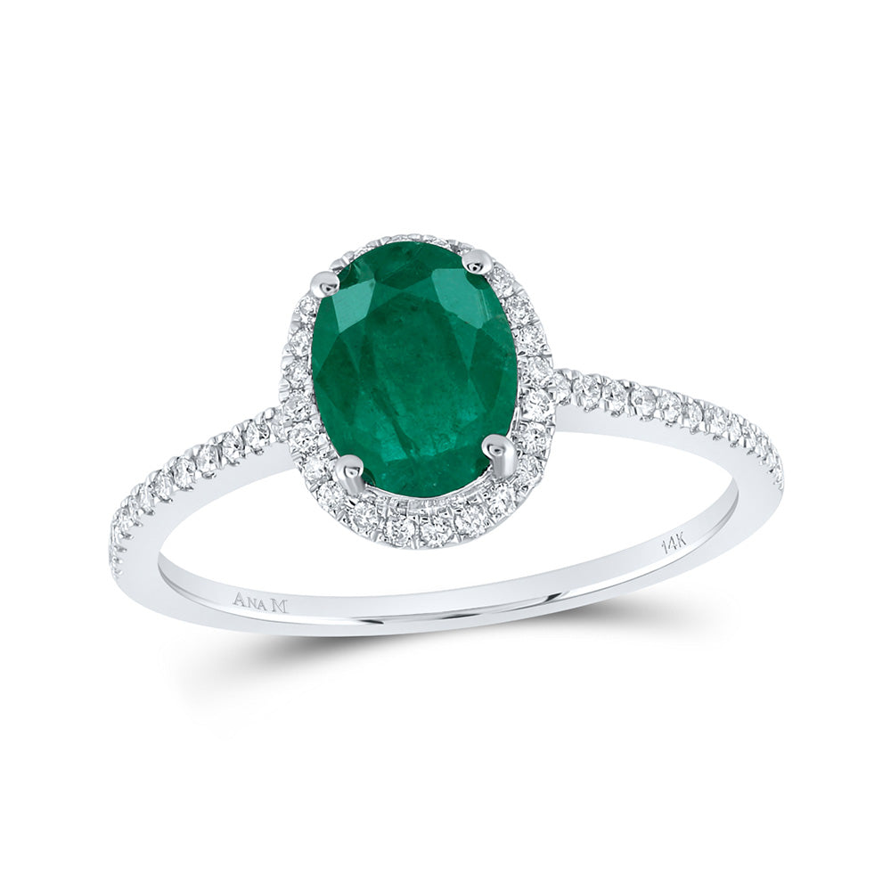 14kt White Gold Womens Oval Emerald Diamond Halo Ring 1-1/4 Cttw