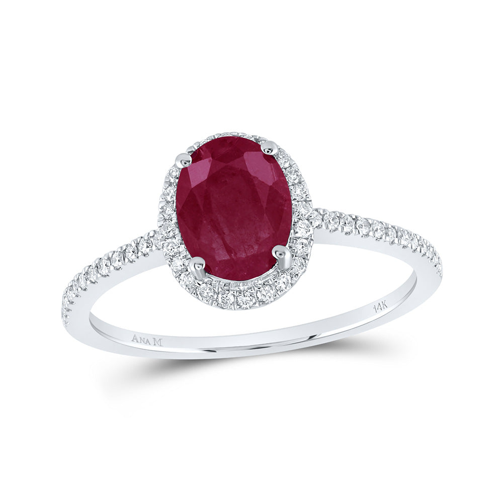 14kt White Gold Womens Oval Ruby Solitaire Diamond Halo Ring 2 Cttw