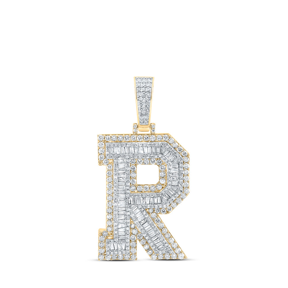 10kt Yellow Gold Mens Baguette Diamond R Initial Letter Charm Pendant 3-1/5 Cttw