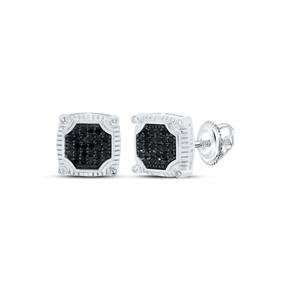 10kt White Gold Round Black Color Enhanced Diamond Square Earrings 1/3 Cttw