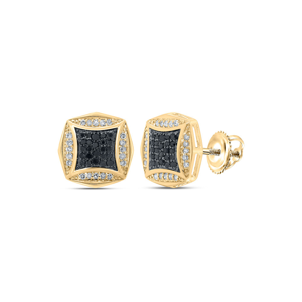 10kt Yellow Gold Round Black Color Treated Diamond Square Earrings 1/4 Cttw