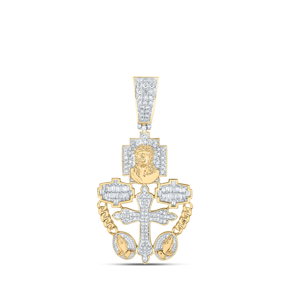 10kt Yellow Gold Mens Round Diamond Rosary Jesus Cross Charm Pendant 3/4 Cttw