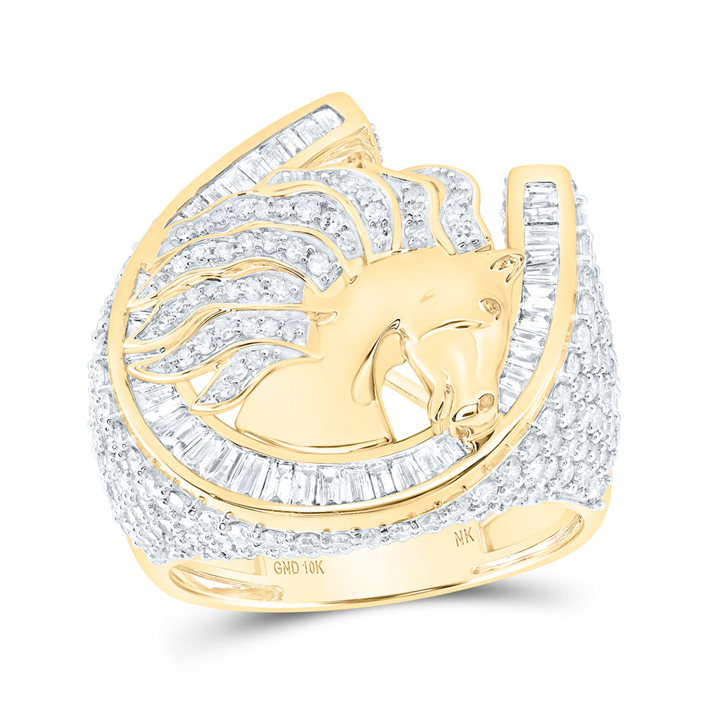 10kt Yellow Gold Mens Baguette Diamond Horseshoe Ring 3-1/3 Cttw