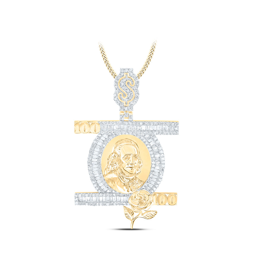 10kt Yellow Gold Mens Baguette Diamond 100 Dollar Ben Franklin Charm Pendant 1-3/8 Cttw