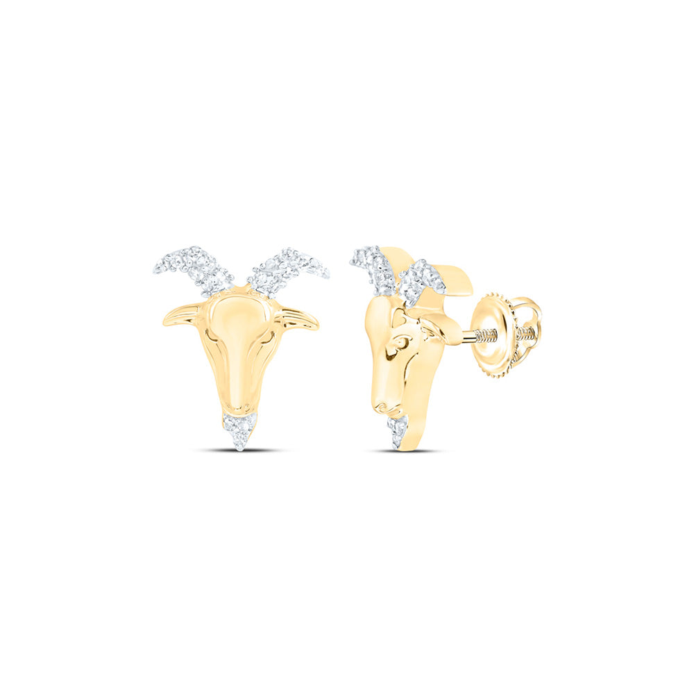 10kt Yellow Gold Round Diamond Zodiac Aries Goat Stud Earrings 1/10 Cttw