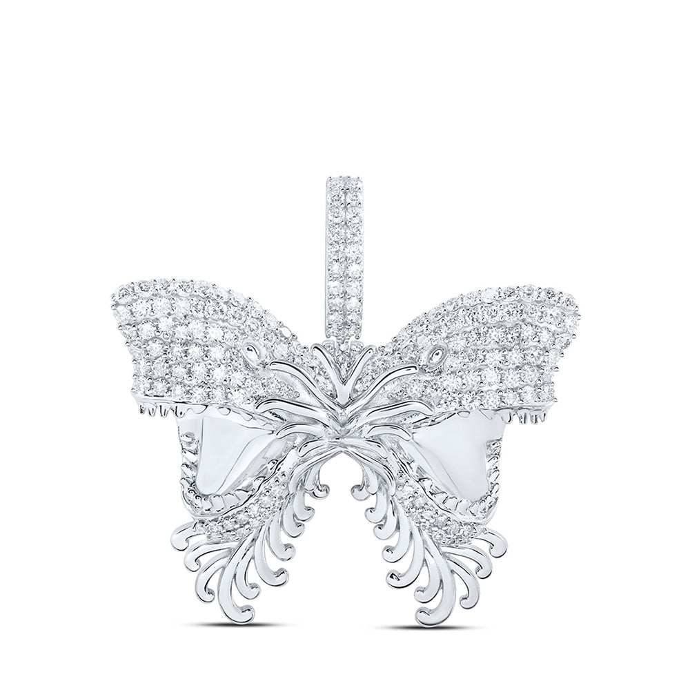 10kt White Gold Mens Round Diamond Butterfly Charm Pendant 2-1/4 Cttw