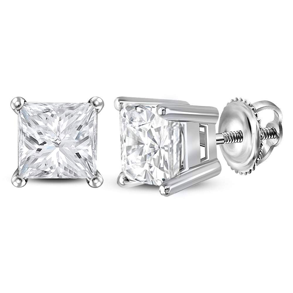 14kt White Gold Womens Princess Diamond Solitaire Earrings 1-1/2 Cttw