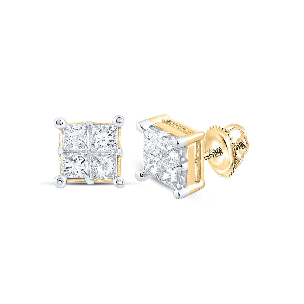 14kt Yellow Gold Womens Princess Diamond Square Cluster Earrings 1 Cttw
