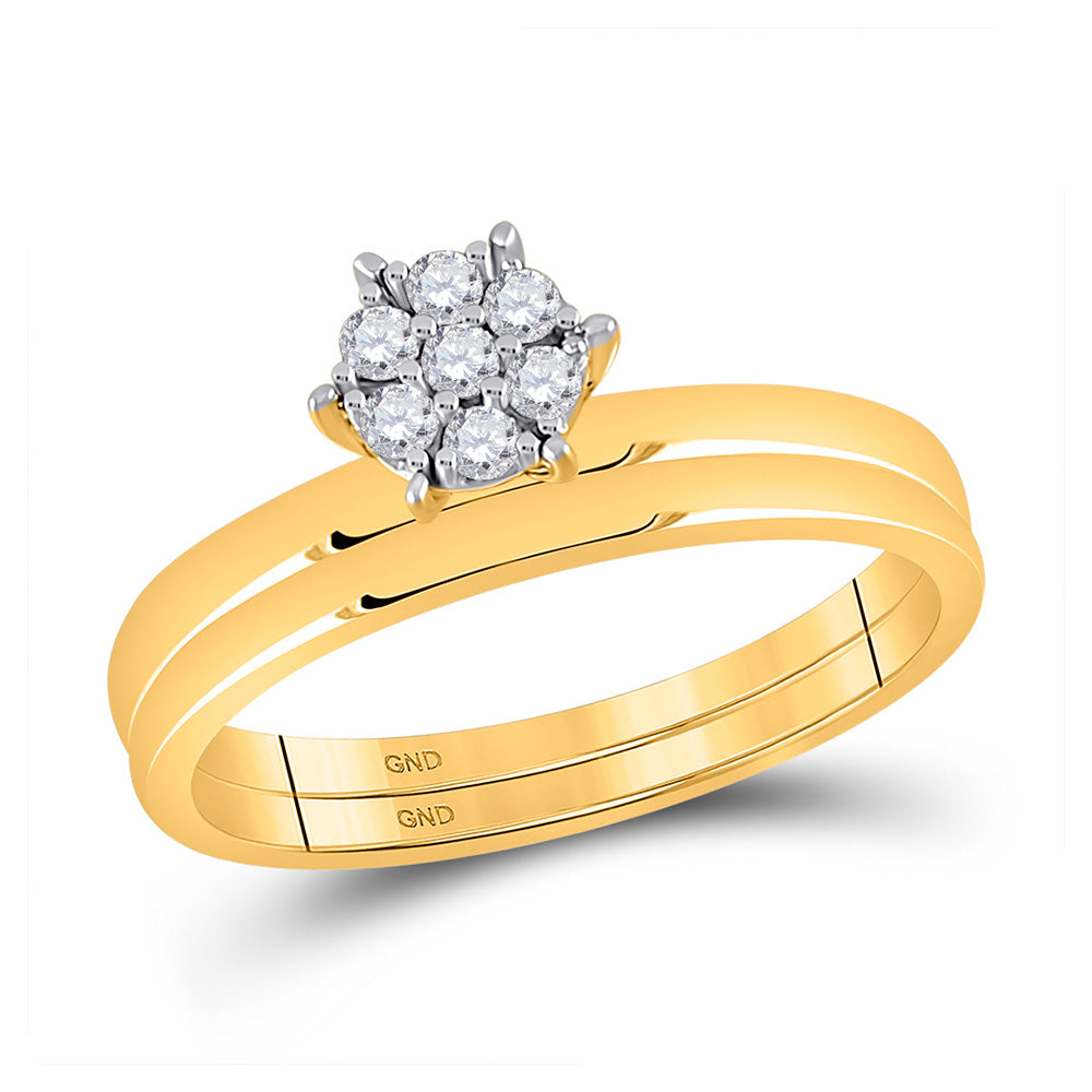 10kt Yellow Gold Round Diamond Cluster Bridal Wedding Ring Band Set 1/6 Cttw