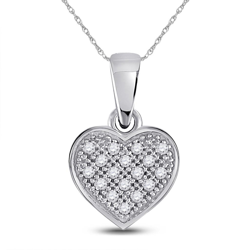 10kt White Gold Womens Round Diamond Simple Heart Cluster Pendant 1/20 Cttw