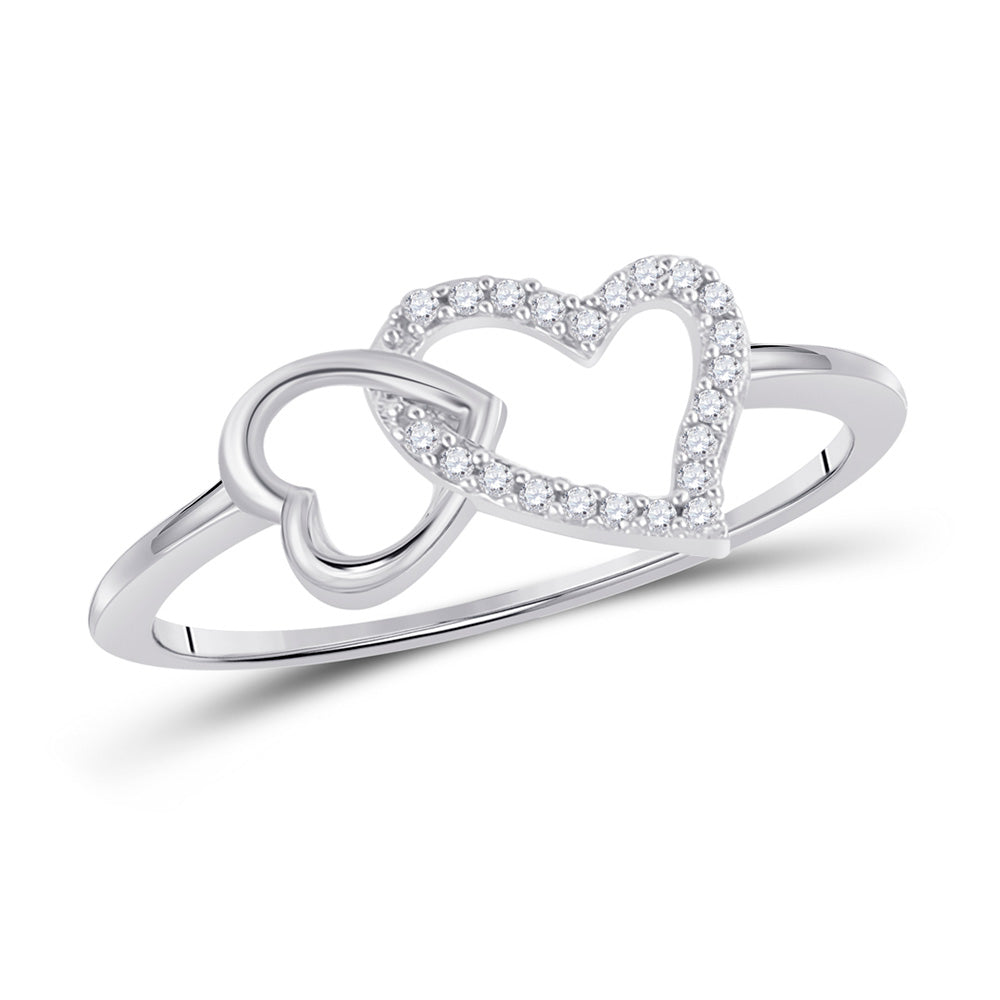 10kt White Gold Womens Round Diamond Double Heart Ring 1/20 Cttw