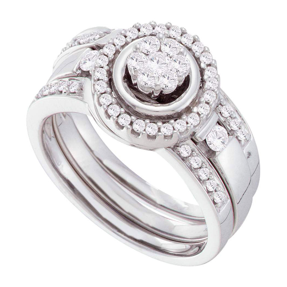 14kt White Gold Diamond Cluster 3-Piece Bridal Wedding Ring Band Set 1/2 Cttw
