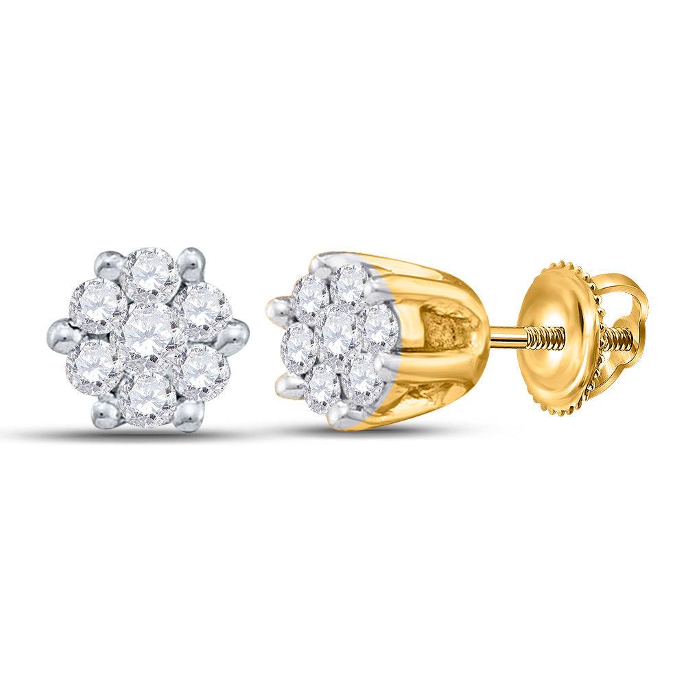 14kt Yellow Gold Womens Round Diamond Flower Cluster Earrings 1/6 Cttw