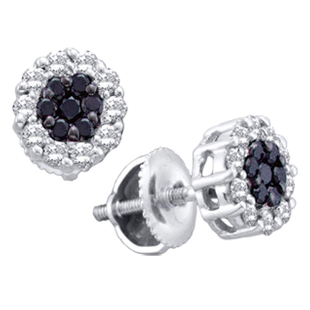 14kt White Gold Womens Round Black Color Enhanced Diamond Flower Cluster Earrings 1-1/2 Cttw