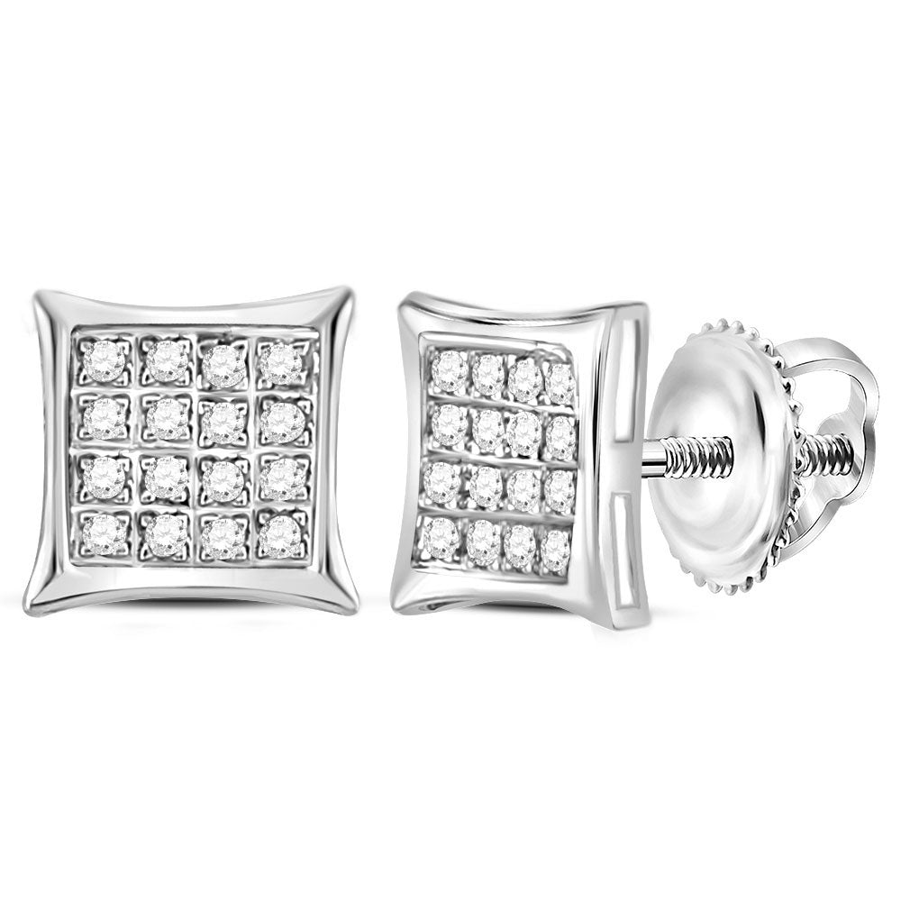 14kt White Gold Womens Round Diamond Square Kite Cluster Stud Earrings 1/10 Cttw