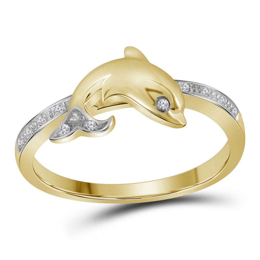 10kt Yellow Gold Womens Round Diamond Slender Dolphin Animal Fish Ring 1/20 Cttw
