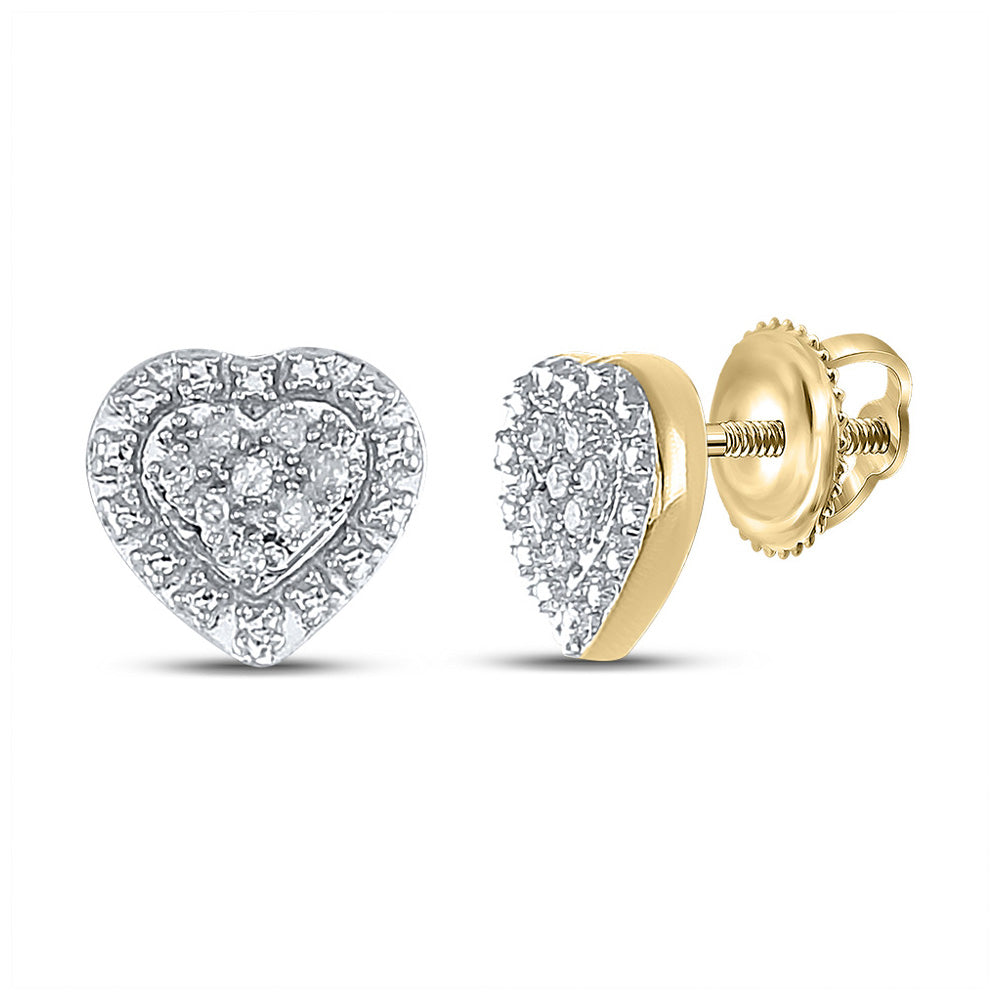 Yellow-tone Sterling Silver Womens Round Diamond Heart Cluster Stud Earrings 1/20 Cttw