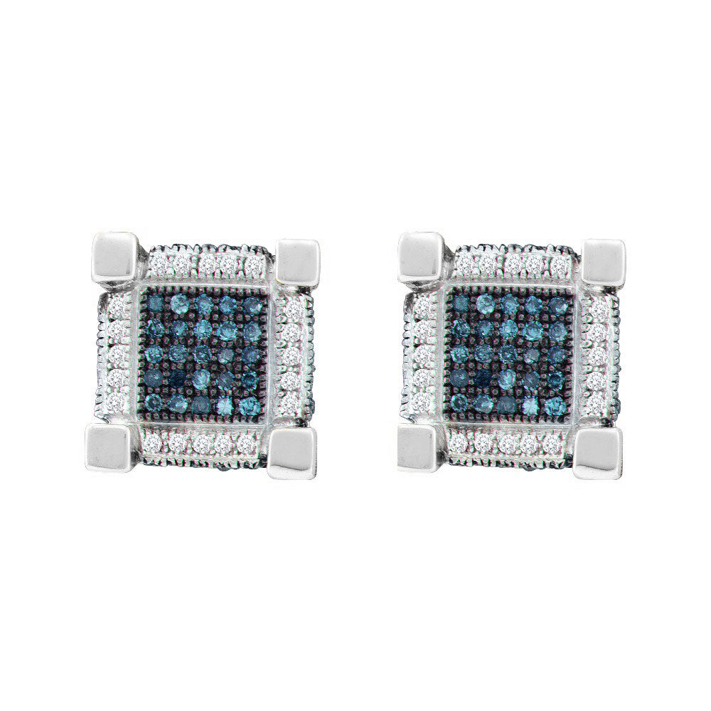 10kt White Gold Round Blue Color Enhanced Diamond 3D Cube Square Earrings 3/4 Cttw