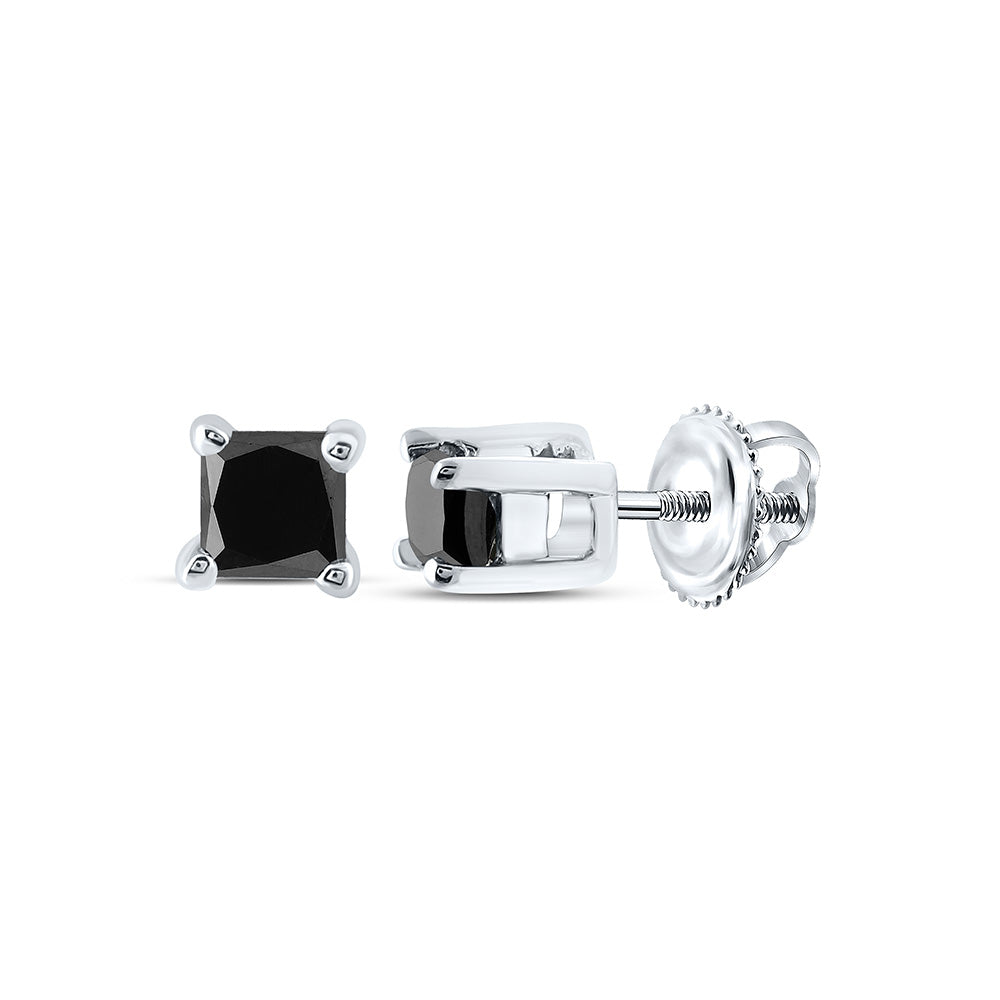 14k White Gold Black Color Enhanced Princess Solitaire Diamond Stud Earrings 1/4 Cttw