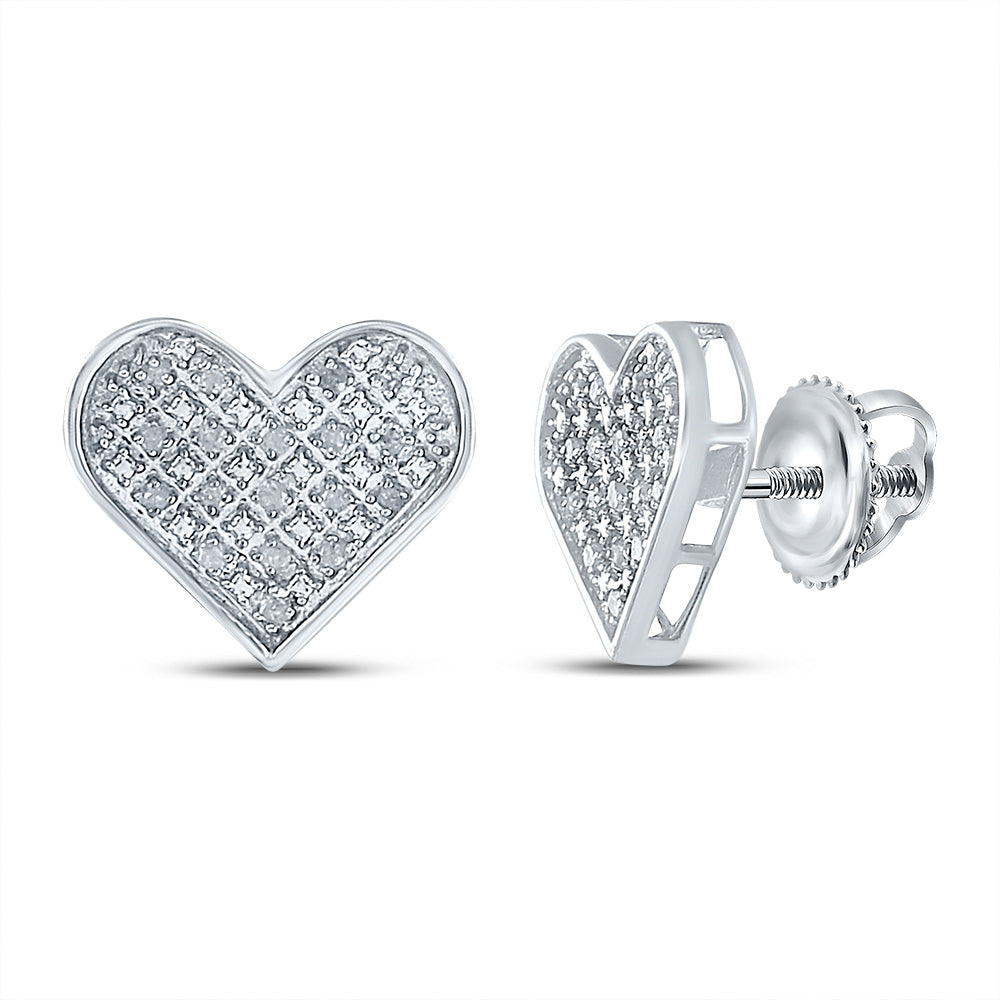 Sterling Silver Womens Round Diamond Heart Earrings 1/8 Cttw