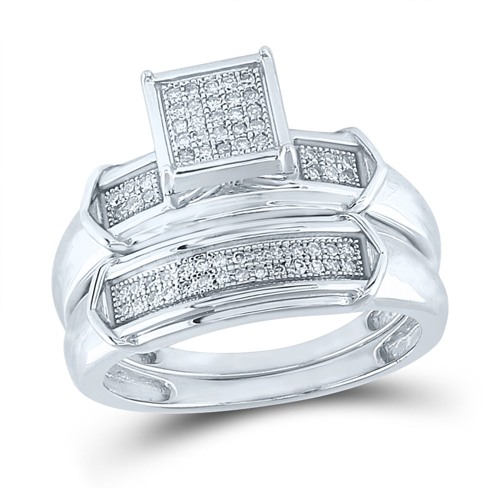 Sterling Silver Round Diamond Square Bridal Wedding Ring Band Set 1/5 Cttw