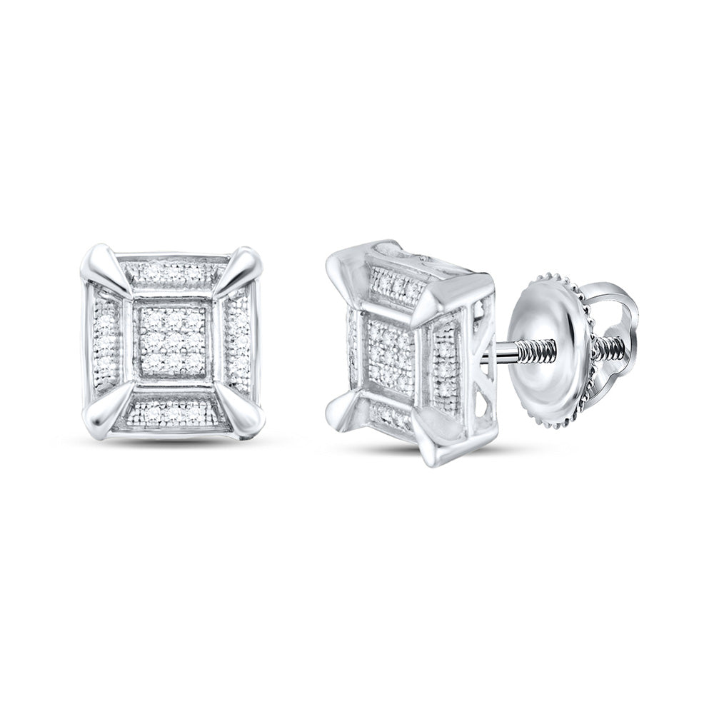 Sterling Silver Round Diamond Square Cluster Stud Earrings 1/8 Cttw