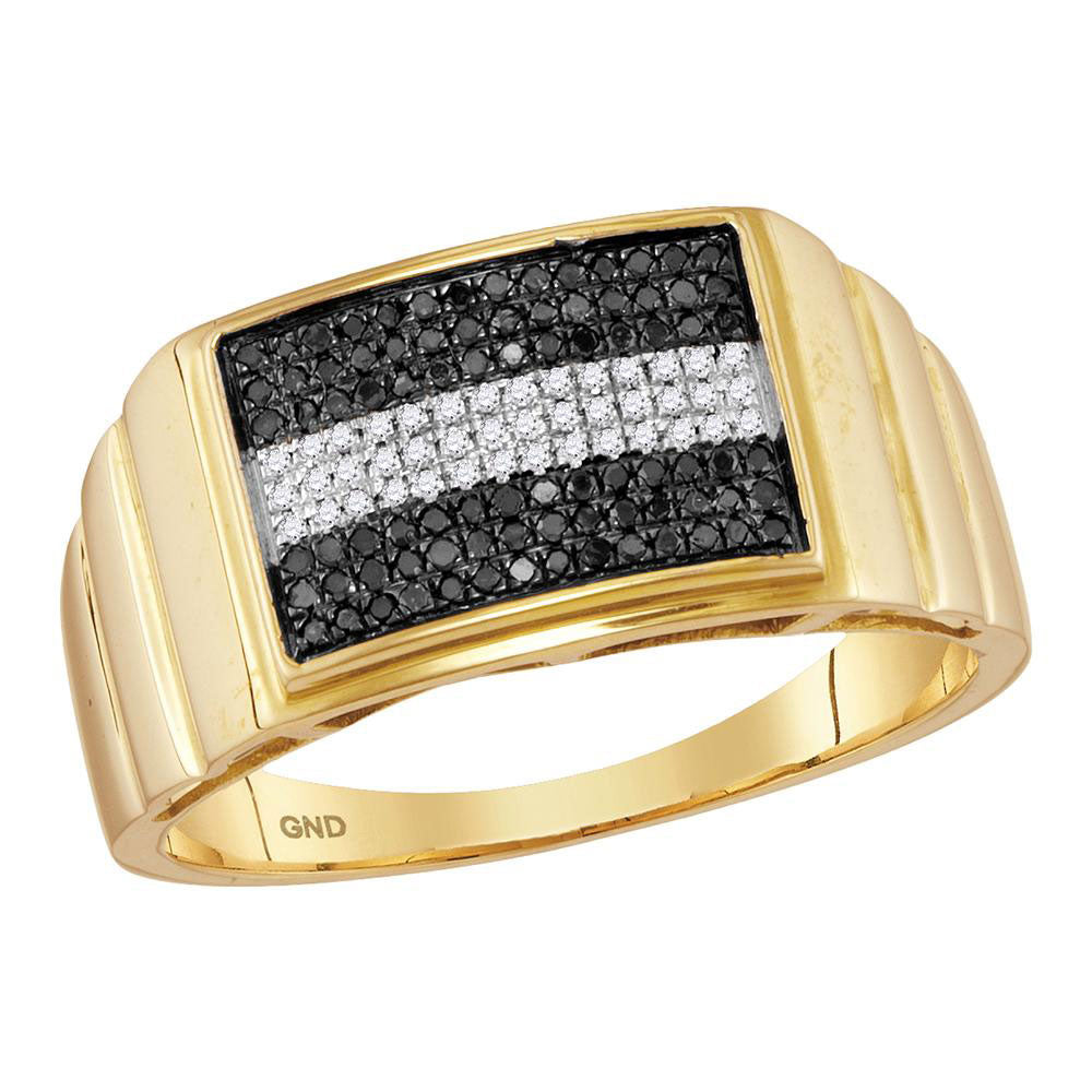 10kt Yellow Gold Mens Round Black Color Enhanced Diamond Stripe Cluster Ring 1/4 Cttw