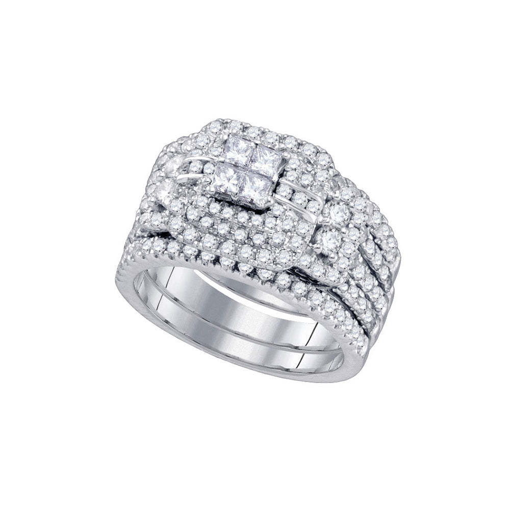 14kt White Gold Diamond Cluster Wedding Bridal Ring Set 2 Cttw