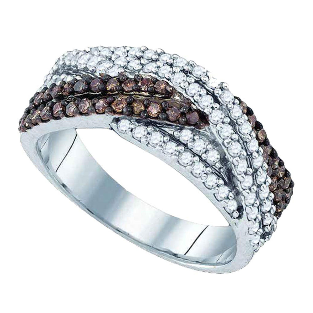 Sterling Silver Womens Round Brown Diamond Crossover Band Ring 3/4 Cttw