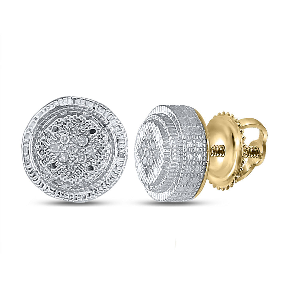 Yellow-tone Sterling Silver Mens Round Diamond 3D Circle Disk Earrings 1/20 Cttw