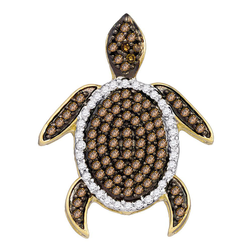 10kt White Gold Womens Round Brown Diamond Sea Turtle Animal Pendant 3/8 Cttw