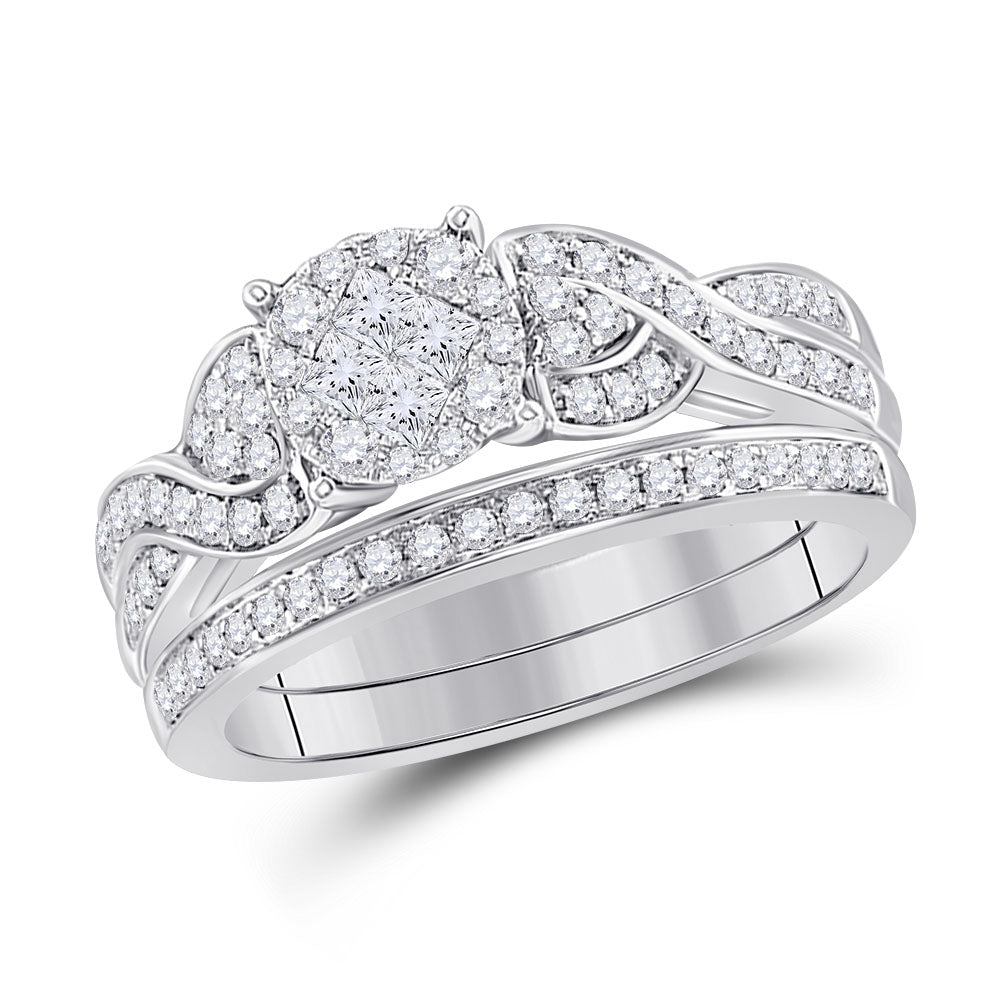 14kt White Gold Princess Diamond Bridal Wedding Ring Band Set 5/8 Cttw