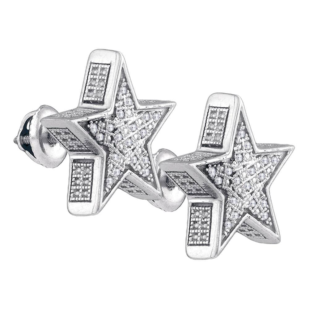 Sterling Silver Round Diamond 3D Star Stud Earrings 1/8 Cttw